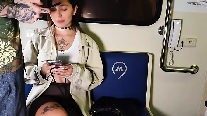 Public blowjob and cowgirl riding in the train